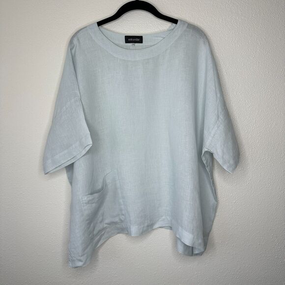 Eskandar Light Blue Boxy Linen Short Sleeve Front Pocket Round Neck Blouse Top 6 - Picture 4 of 12
